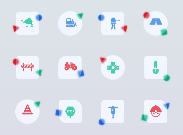 道路维修玻璃形态时尚风格的图标。道路维修透明玻璃彩色矢量图标与彩色数字。用于网页和UI设计，移动应用程序和促销商业广告图片下载