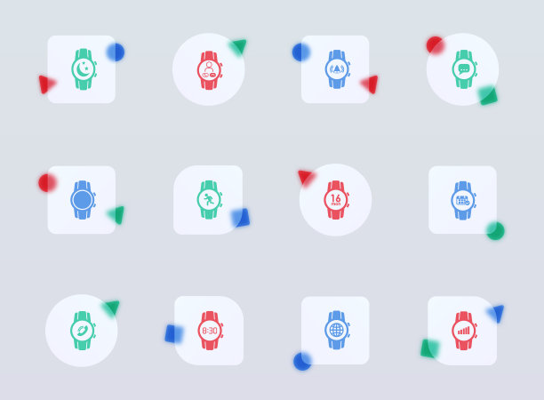 智能手表玻璃形态时尚风格图标。智能手表透明玻璃彩色矢量图标与彩色数字。用于网页和UI设计，移动应用程序和促销商业广告图片下载