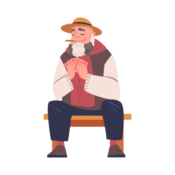 年长的胡子男人字符打牌游戏坐在椅子上和吸烟雪茄矢量插图图片下载