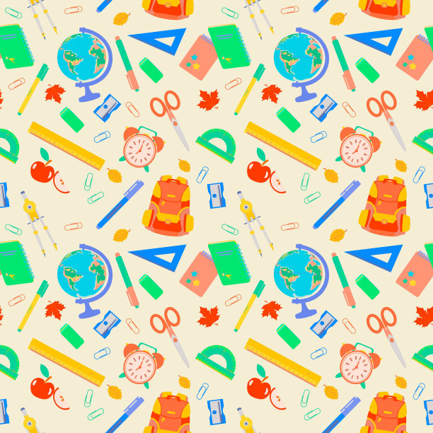无缝图案与尺子，报警器，橡皮擦，背包，卷笔刀，地球仪，苹果。矢量平面插图为青少年或儿童。图片下载