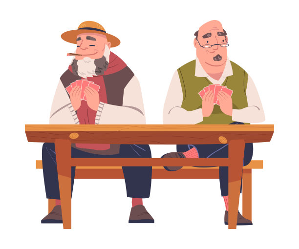 高级男性朋友打牌游戏坐在长凳上的桌子矢量插图图片下载