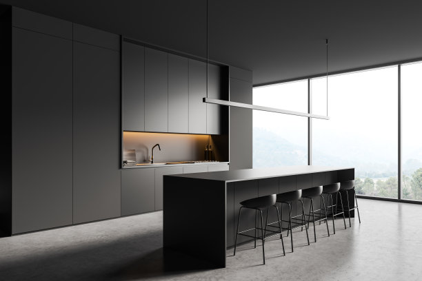 灰色的厨房内部有岛台和酒吧座椅、架子和窗户图片下载