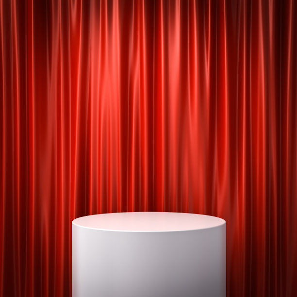 空白白色裙台基座或产品平台孤立在红色窗帘背景与昏暗的阴影最小概念3D渲染图片下载