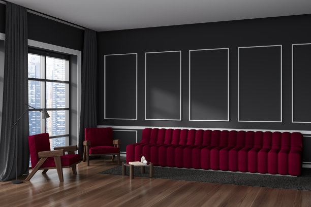 黑暗的客厅内部，配有沙发、椅子和茶几，全景窗图片下载