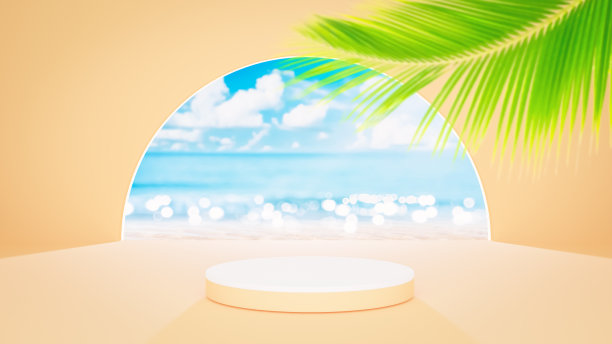 3d平台上的黄色和热带海滩与蓝天白云和棕榈叶抽象背景。复制产品展示空间和夏季自然概念。图片下载