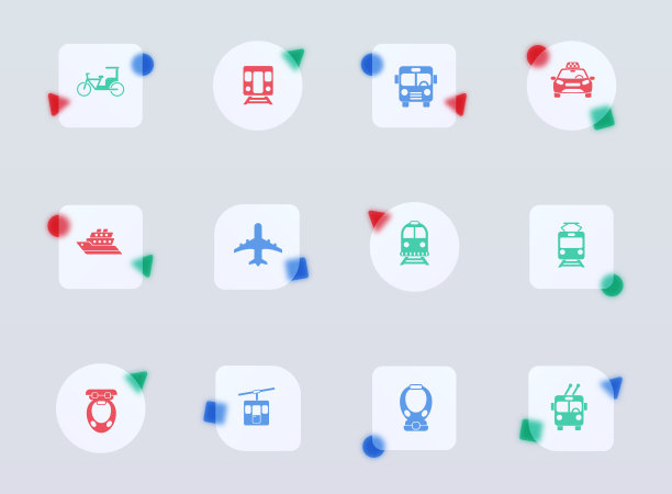 公共交通玻璃形态时尚风格的图标。公共交通透明玻璃彩色矢量图标与彩色数字。用于网页和UI设计，移动应用程序和促销商业广告图片下载