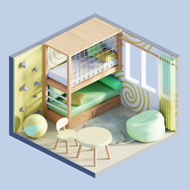一个舒适时尚的儿童房间室内3D渲染。图片下载