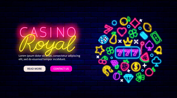 赌场皇家霓虹灯促销传单。网站登陆页面模板。圆形标签与闪亮的图标。矢量图图片下载