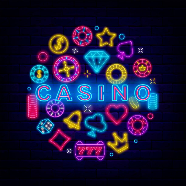赌场霓虹灯圈布局标题文本。在线游戏招牌。头奖徽章与图标。矢量图图片下载