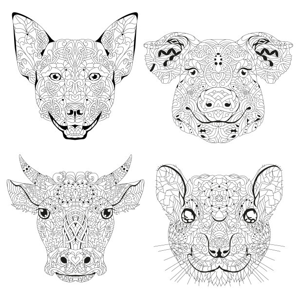 Tangle风格化的头狗，猪，公牛和老鼠。手绘装饰矢量插图着色图片下载