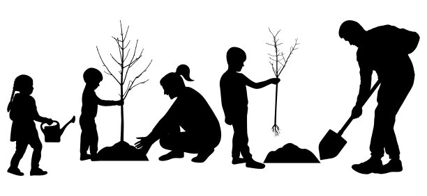 植树造景。一个大家庭的剪影，树苗，浇水罐和铲子。矢量图图片下载