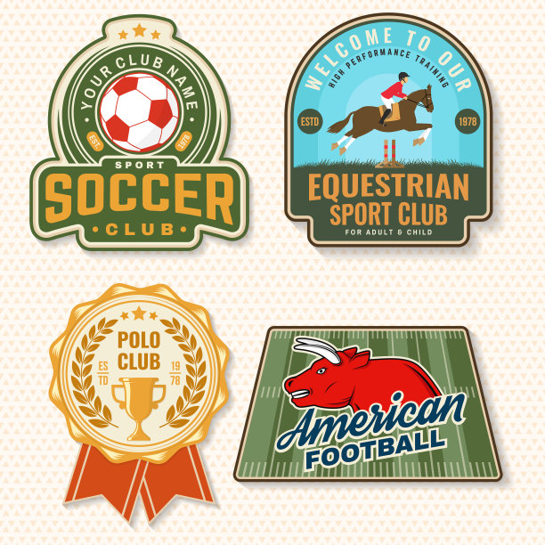 套美式足球、足球、马球及骑马俱乐部绣花补丁。向量。贴纸设计与足球，美国足球运动员运动员，头盔，球骑手和马的剪影。图片下载