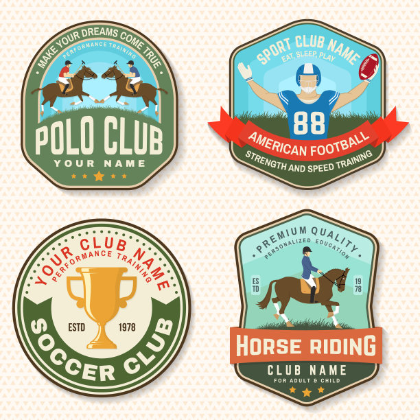 套美式足球、足球、马球及骑马俱乐部绣花补丁。向量。贴纸设计与足球，美国足球运动员运动员，头盔，球骑手和马的剪影。图片下载