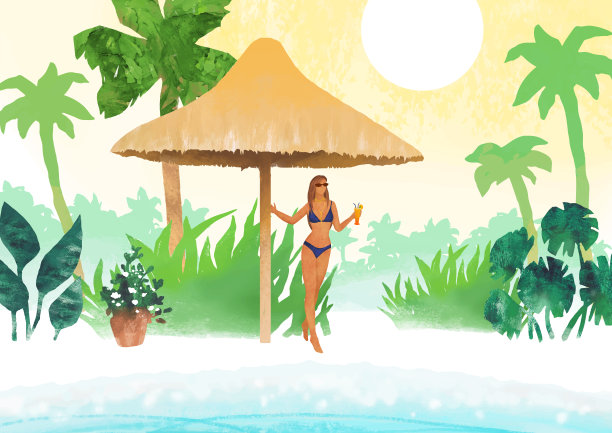 热带风景和美丽的女孩。夏季复古垃圾摇滚矢量背景。水彩插图，棕榈树，大海，日落和女人图片下载