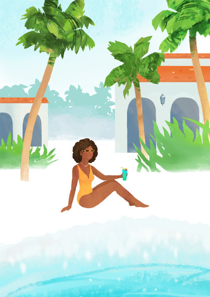 热带景观与美丽的非洲裔美国女孩和大海。夏季复古垃圾摇滚矢量背景。矢量手绘插画，海滩，棕榈树，农舍和女人图片下载