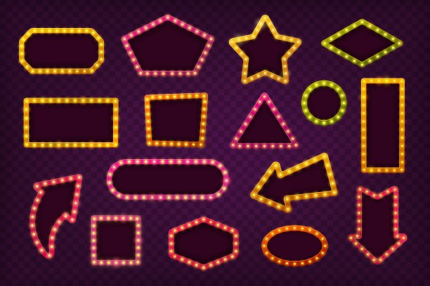 复古灯横幅。灯泡广告牌，大招牌。剧院镜子的灯光标志和框架。马戏团或电影院，显示精确的矢量空模板图片下载