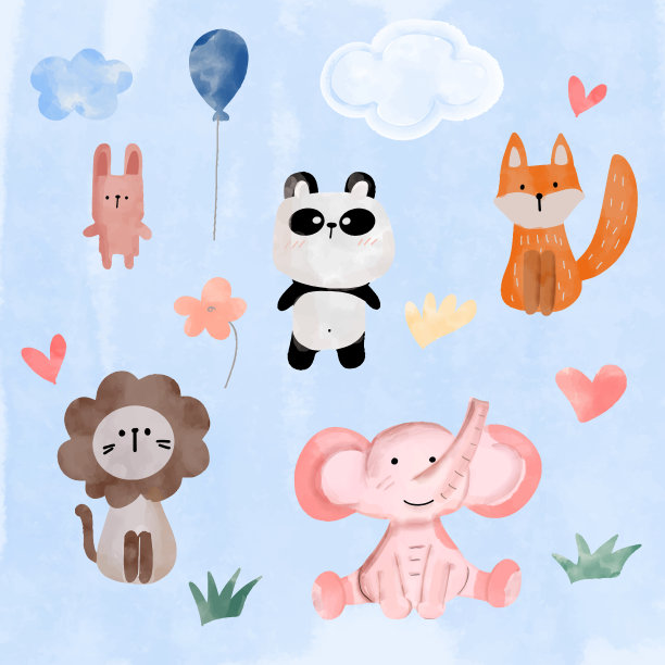 一套可爱的幼儿园水彩卡通动物图片下载