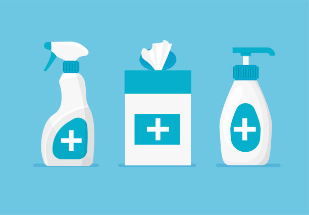 时尚平底式手消毒瓶、消毒喷雾、湿巾一套。图片下载