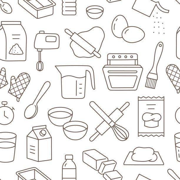 烘烤涂鸦棕色无缝图案。矢量背景包括线条图标-擀面杖，面团，搅拌机，酵母，黄油，面粉，碗，鸡蛋，牛奶。面包和糖果的墙纸图片下载