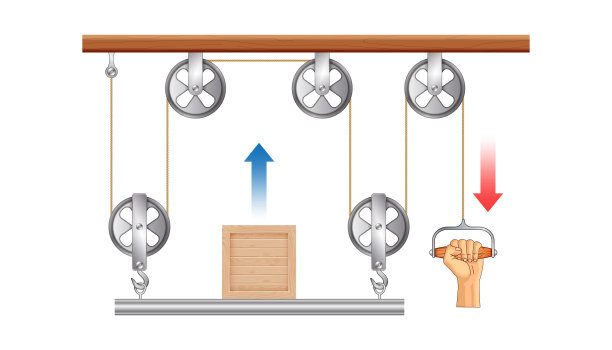滑轮系统。提起和拉动一个箱子。可移动的滑轮。滑轮。推力和线性动量物理对象。带滑轮图解的力与运动教育实验。运动定律。图片下载