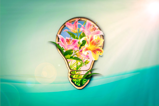 清洁能源的概念。灯泡和花。图片下载