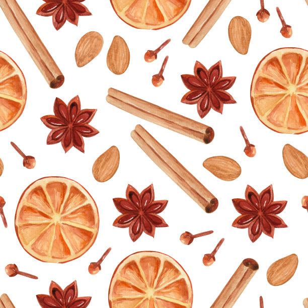 无缝水彩图案与橘子，八角，康乃馨和坚果图片下载