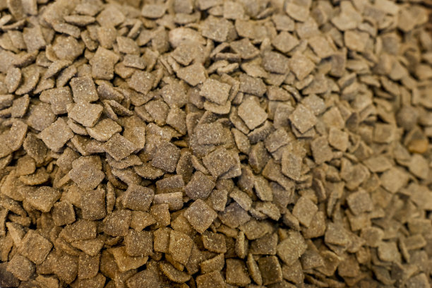 一个装满羊肉和大米狗粮颗粒的袋子。在一家宠物用品店。图片下载