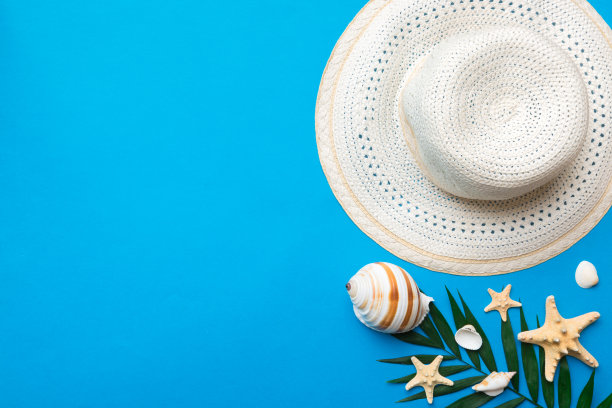暑假。夏天的概念与草帽和热带树叶。平铺，俯视图，拷贝空间图片下载