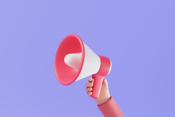 紫色背景的手持扬声器或扩音器。信息公告的概念。三维渲染图片下载
