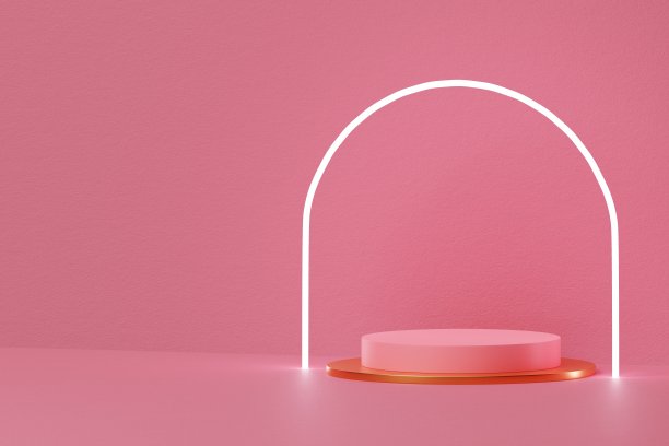 粉红色圆筒讲台上粗糙的背景与发光的霓虹灯。产品或化妆品展示推广台座模型。三维渲染图片下载