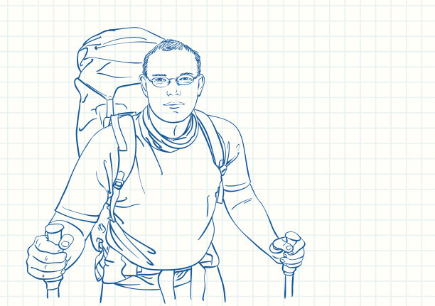 徒步旅行的男人背着蓝色的大背包图片下载