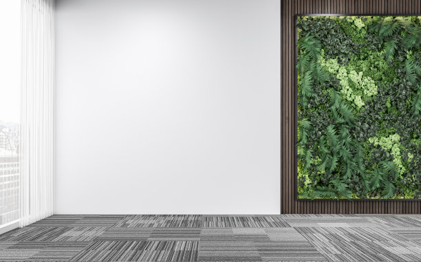 没有家具的办公室内部有一个垂直花园，部分是硬木背景，部分是白色石膏墙，和大窗户图片下载
