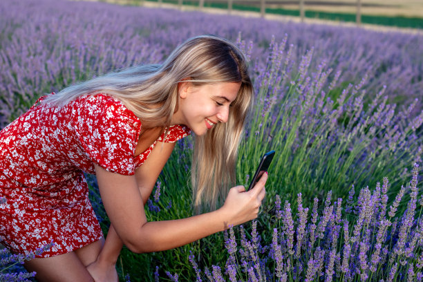 美丽的金发女子在薰衣草田户外拍照。图片下载