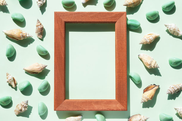 空木框映衬着海贝壳，淡绿色的背景是光滑的石头图片下载