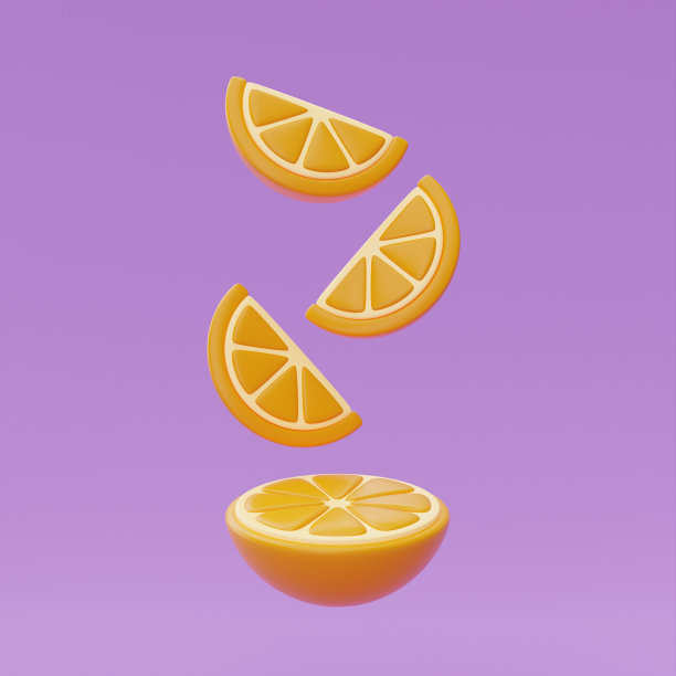 橙色的切片漂浮在紫色的背景上，夏天的水果，3d渲染。图片下载