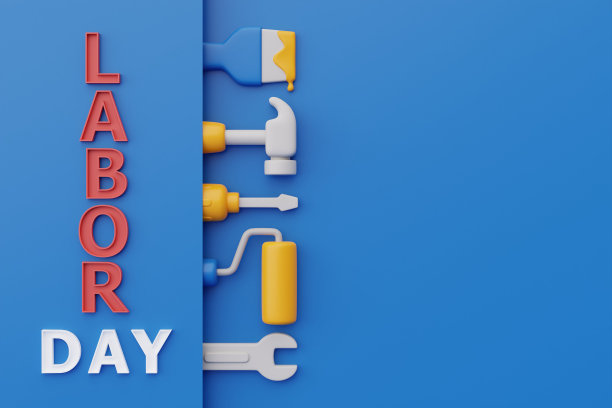 快乐的劳动节美国概念与建筑工具和设备的蓝色背景，3d渲染图片下载