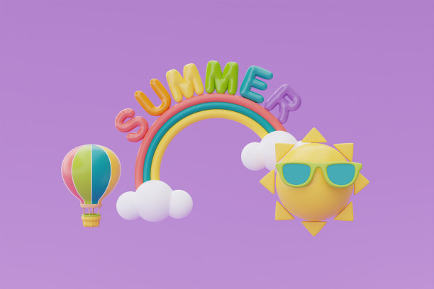 夏天的时间概念，太阳与太阳镜和彩色的夏季海滩元素在紫色的背景，3d渲染。图片下载