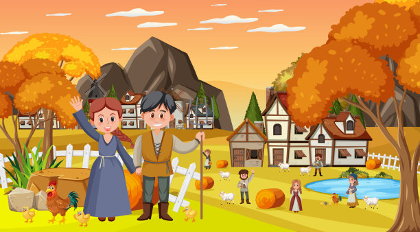 与村民一起的中世纪小镇场景图片下载