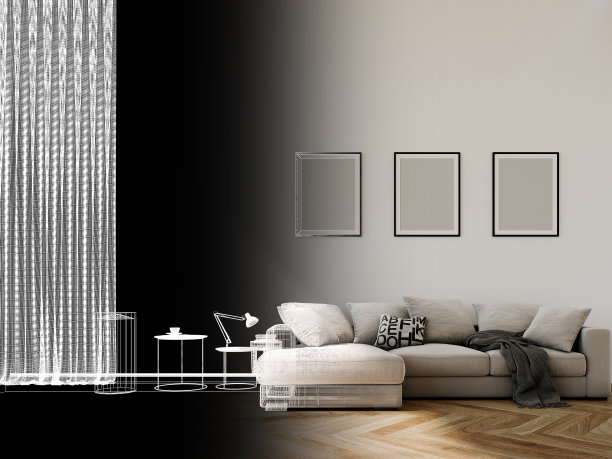 豪华客厅效果图设计，三维线框渲染图片下载