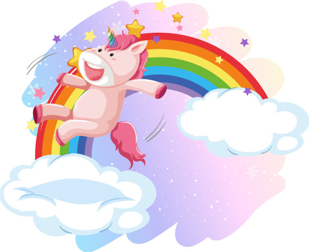 粉红色的独角兽带着彩虹在云上跳跃图片下载