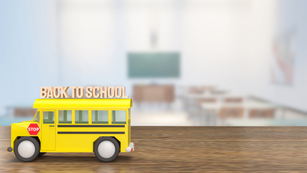 木桌上的校车为返校概念3d渲染图片下载
