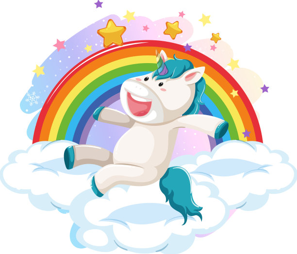蓝色的独角兽带着彩虹在云上跳跃图片下载