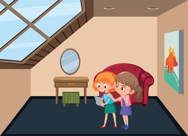 阁楼房间场景与两个女孩在卡通风格图片下载