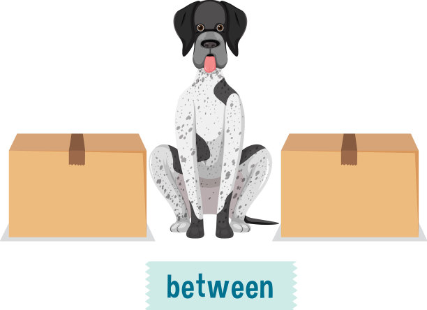 地点介词与卡通狗和一个盒子图片下载