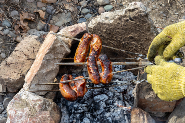 在篝火上烤香肠图片下载