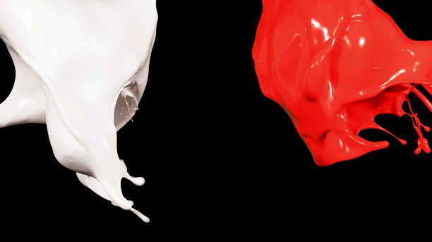 混合红白液体飞溅，漩涡和波浪与分散的水滴图片下载