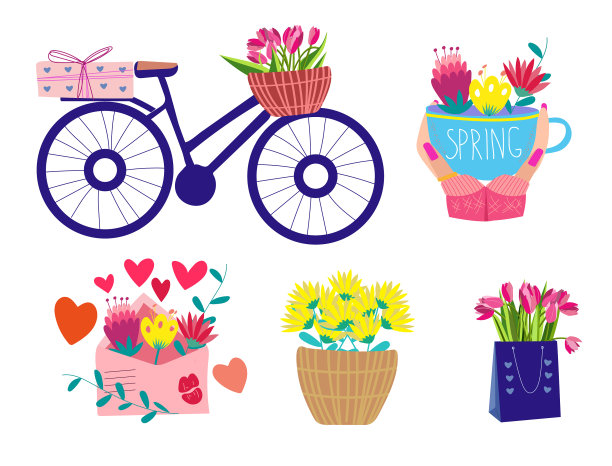 春天，自行车，鲜花和心图片下载