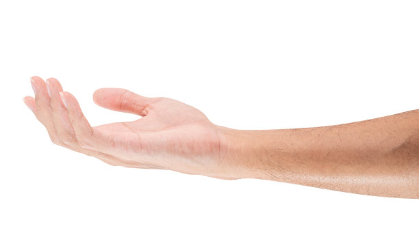 男性的手伸出并随时准备帮助或接受。手势孤立在白色背景上。图片下载