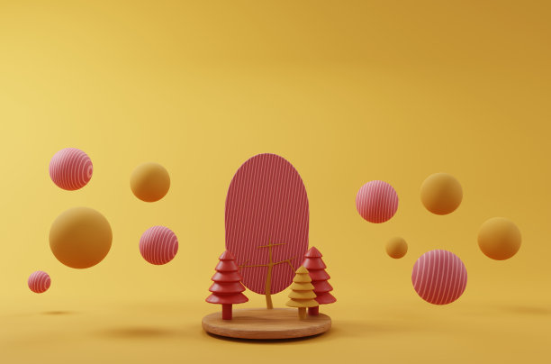 3 d渲染。秋天的成分。秋天的卡通树在讲台上。三维演示图片下载