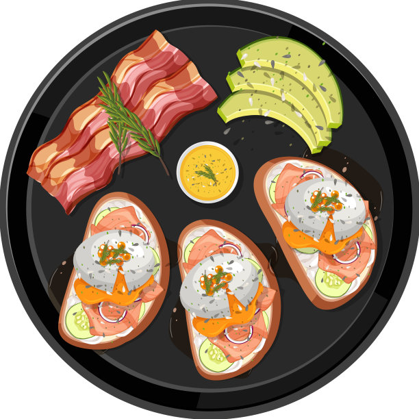 俯视图食物鸡蛋本尼迪克特与黑色盘子图片下载